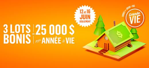 Grande Vie - 3 lots bonis de 25 000 $ par année à vie - Tirages 12 et 16 juin seulement